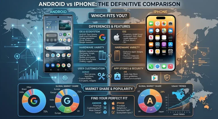 Android vs iPhone: Differences, Features, Market Share & Which Fits You 2 Android vs. iPhone: The Definitive Comparison" infographic. A detailed side-by-side analysis contrasting differences, features, user customization, and app stores for both platforms. The visual data includes complex pie charts for global market share in countries like India, Brazil, the US, and Japan. Includes a guide to help users choose the best phone to fit their needs.