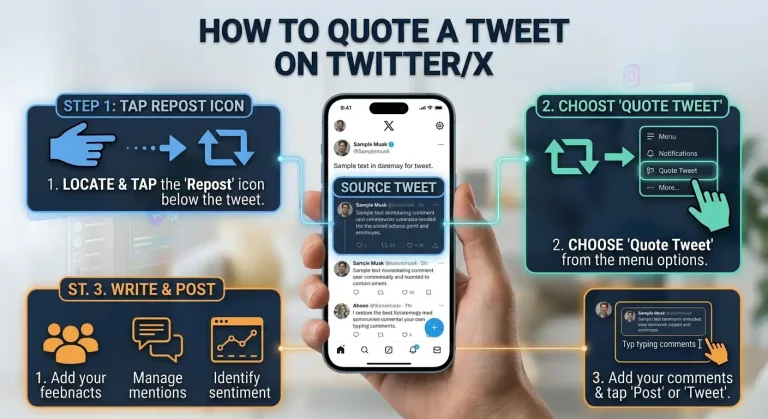 How to Quote a Tweet on Twitter/X: Desktop, iPhone & Mobile Guide 3 Step-by-step infographic explaining how to quote a tweet on Twitter/X, showing how to tap the repost icon, select Quote Tweet, add comments, and post.
