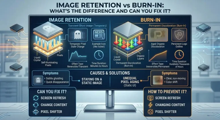 Image Retention vs Burn-In: What’s the Difference and Can You Fix It? 3 Infographic comparing image retention versus burn-in on display screens, detailing temporary ghosting versus permanent OLED pixel degradation and prevention methods.