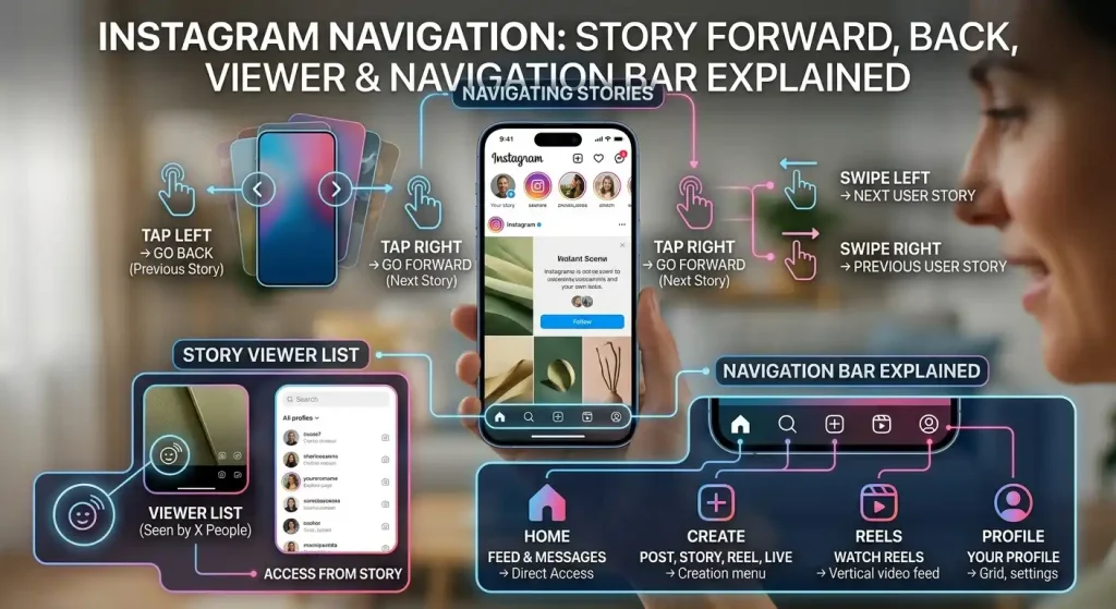 Instagram Navigation: Story Forward, Back, Viewer & Navigation Bar Explained 1 Infographic explaining Instagram story navigation and bottom navigation bar features including swipe gestures, viewer list, and icon functions.