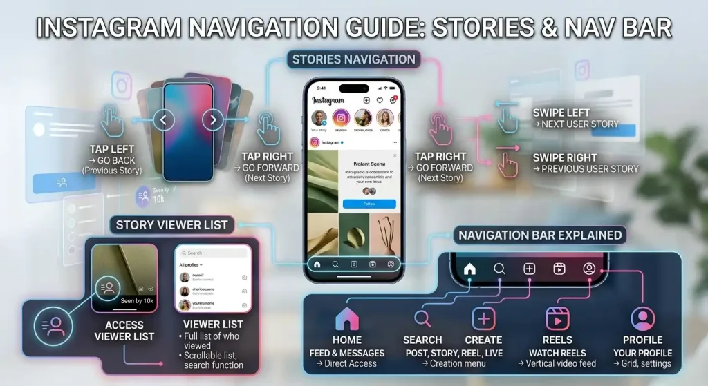 Instagram Navigation: Story Forward, Back, Viewer & Navigation Bar Explained 2 Visual guide to Instagram app navigation showing how to tap and swipe through stories, access viewer lists, and use bottom menu tabs like Home, Reels, and Profile.