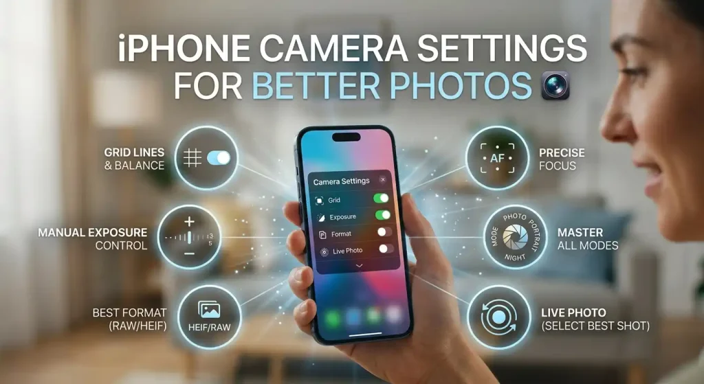 iPhone Camera Settings: Best Settings for Better Photos & Video 1 A technical infographic illustrating essential iPhone camera settings for improved photo quality. It features a central iPhone showing a settings menu surrounded by glowing icons for Grid, Exposure, Format, Focus, and various photo modes. A person is shown holding the phone. The title reads "IPHONE CAMERA SETTINGS FOR BETTER PHOTOS.