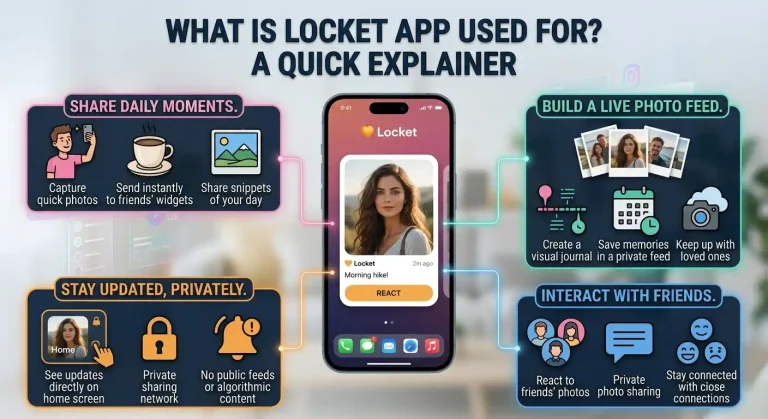 What Is Locket App? Locket Widget, iPhone, Android & Safety Guide 4 Visual explainer diagram of the Locket Widget app detailing core features: sharing daily photos directly to home screens, private photo sharing, viewing live feeds, and interacting with close friends.