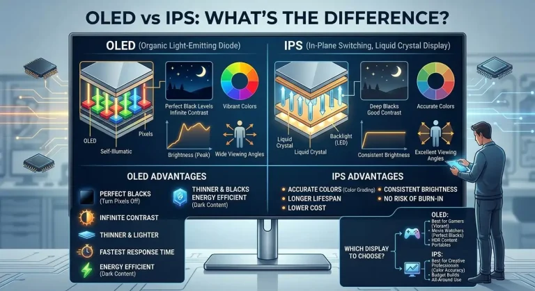 OLED vs IPS: What’s the Difference and Which Display Should You Choose? 7 Comparison infographic illustrating OLED versus IPS display technology, showing pixel structure, contrast levels, advantages, and use cases for each panel type.