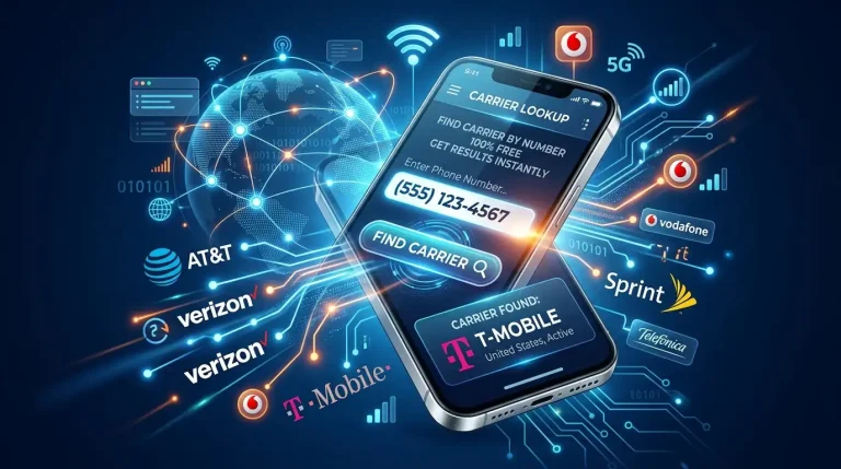 Free Phone Carrier Lookup: How to Find a Carrier by Number 5 Digital visual representation of a smartphone displaying a free phone carrier lookup interface surrounded by network icons and major carrier logos like AT&T, Verizon, and T-Mobile.