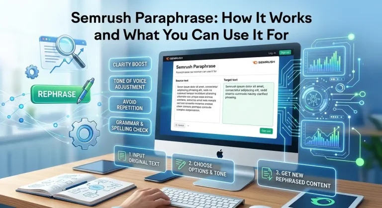 Semrush Paraphrase: How It Works, Free Access, and AI Rewriting 4 Infographic on how the Semrush Paraphrase tool works, showing a text input and output comparison on a desktop monitor and key rephrasing steps.