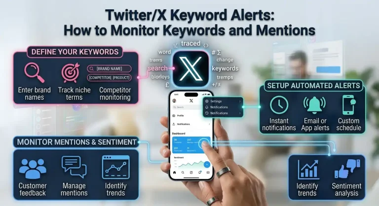 Twitter/X Keyword Alerts: How to Monitor Keywords and Mentions 5 Infographic explaining Twitter and X keyword alerts, detailing how to define keywords, set up automated notifications, monitor mentions, and analyze sentiment.